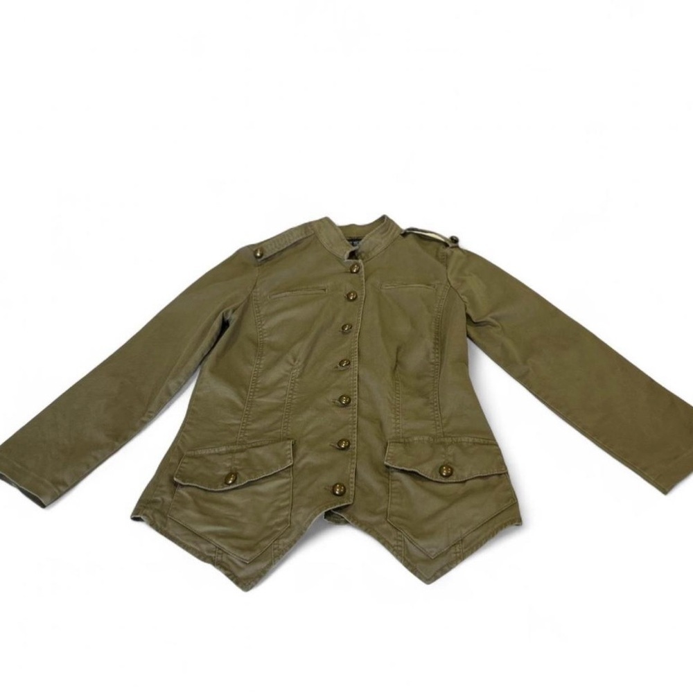 Military Green Napoleon Style Jacket with Brass Hardware Pointed Hemline Size M - Picture 2 of 8